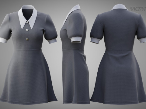 Damska szara sukienka biurowa z kołnierzykiem Model 3D odzieży Model 3D