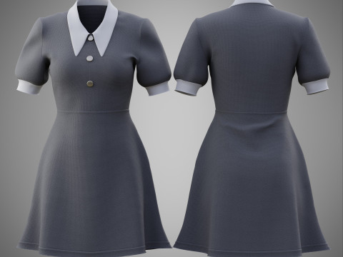 Damska szara sukienka biurowa z kołnierzykiem Model 3D odzieży Model 3D