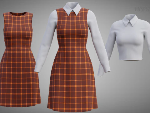 Abito da camicia a quadretti uniforme da studentessa scozzese femminile Modello 3D