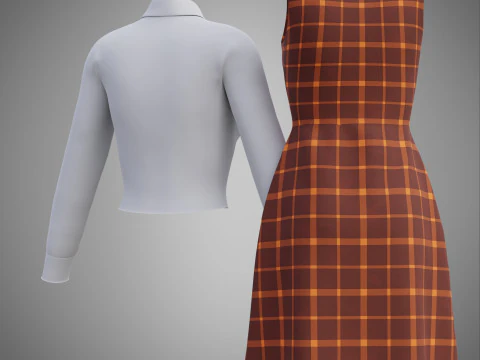 Female Plaid Student Uniform Checkered Dress Shirt Outfit 3D Model