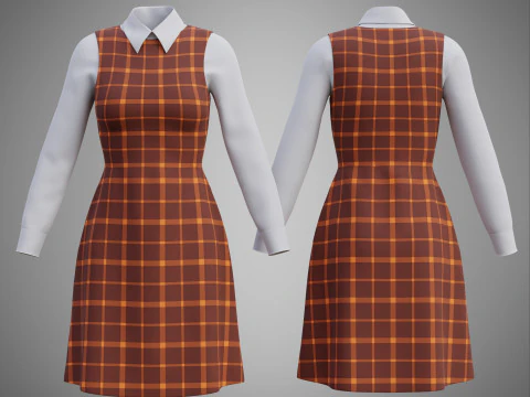 Female Plaid Student Uniform Checkered Dress Shirt Outfit 3D Model