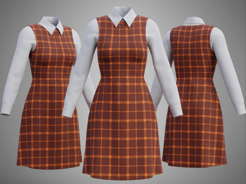 Female Plaid Student Uniform Checkered Dress Shirt Outfit 3D Model