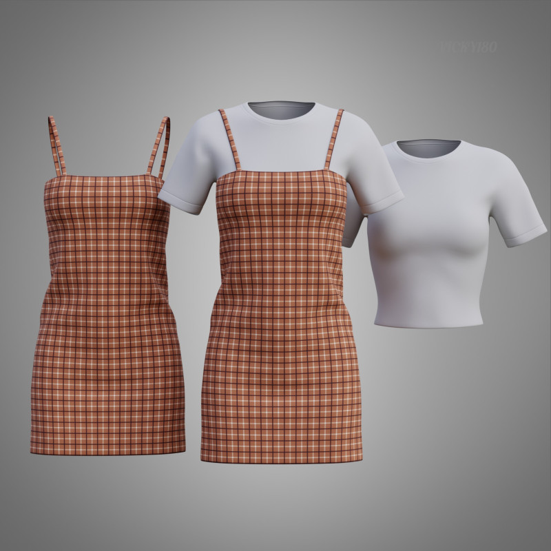 Solid T-shirt and Plaid Camisole dress Outfit - 3D Clothing 3D Model .c4d .max .obj .3ds .fbx .stl .blend
