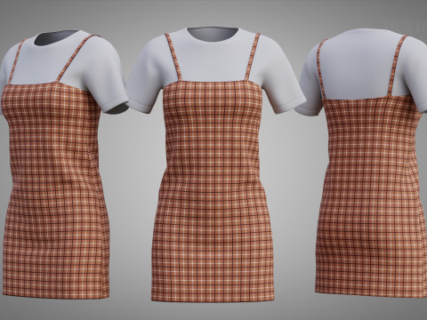 Solid T-shirt and Plaid Camisole dress Outfit - 3D Clothing 3D Model