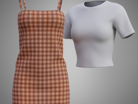 Solid T-shirt and Plaid Camisole dress Outfit - 3D Clothing 3D Model