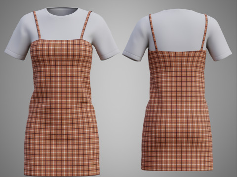Solid T-shirt and Plaid Camisole dress Outfit - 3D Clothing 3D Model