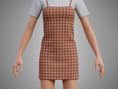 Solid T-shirt and Plaid Camisole dress Outfit - 3D Clothing 3D Model