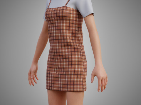 Solid T-shirt and Plaid Camisole dress Outfit - 3D Clothing 3D Model