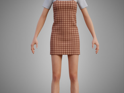 Solid T-shirt and Plaid Camisole dress Outfit - 3D Clothing 3D Model