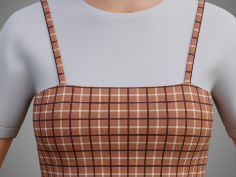 Solid T-shirt and Plaid Camisole dress Outfit - 3D Clothing 3D Model