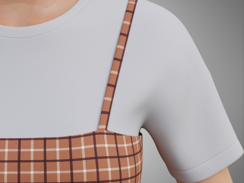 Solid T-shirt and Plaid Camisole dress Outfit - 3D Clothing 3D Model