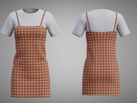Solid T-shirt and Plaid Camisole dress Outfit - 3D Clothing 3D Model