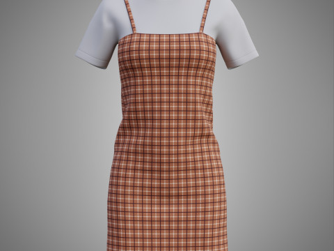 Solid T-shirt and Plaid Camisole dress Outfit - 3D Clothing 3D Model