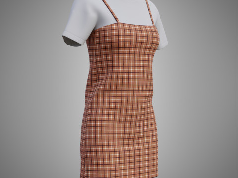 Solid T-shirt and Plaid Camisole dress Outfit - 3D Clothing 3D Model