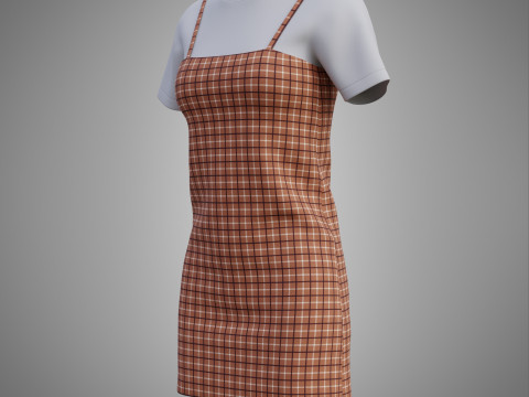 Solid T-shirt and Plaid Camisole dress Outfit - 3D Clothing 3D Model