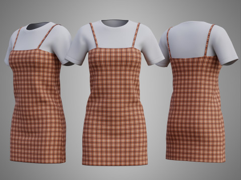 Solid T-shirt and Plaid Camisole dress Outfit - 3D Clothing 3D Model