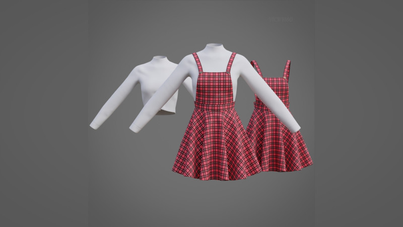 Check dungaree outfit - female pinafore dress and turtleneck sweater model 3D Model .c4d .max .obj .3ds .fbx .stl .blend
