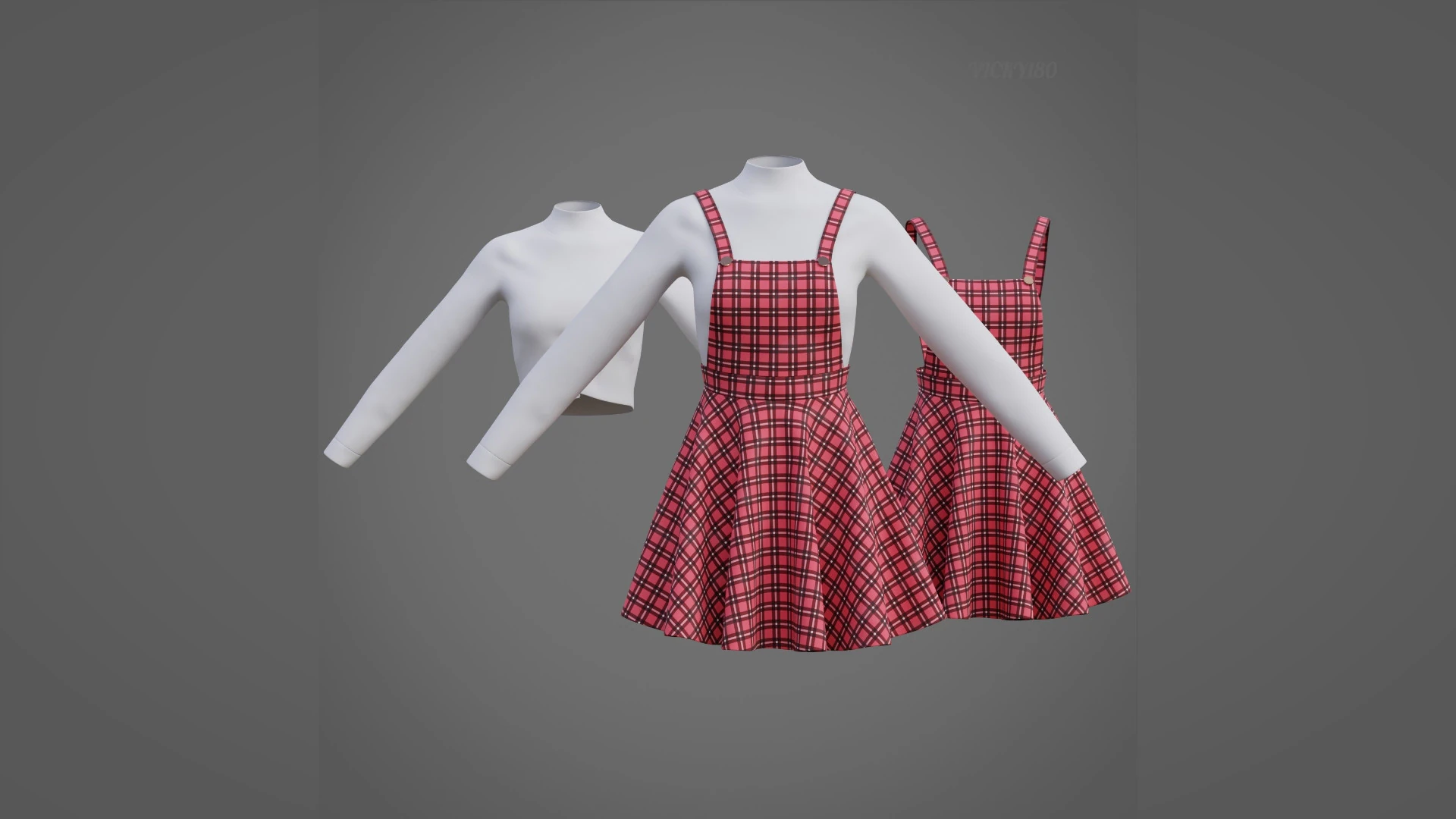 Check dungaree outfit - female pinafore dress and turtleneck sweater model 3D Model .c4d .max .obj .3ds .fbx .stl .blend