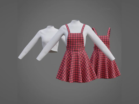 Macac&atilde;o xadrez - vestido avental feminino e modelo su&eacute;ter de gola alta Modelo 3D