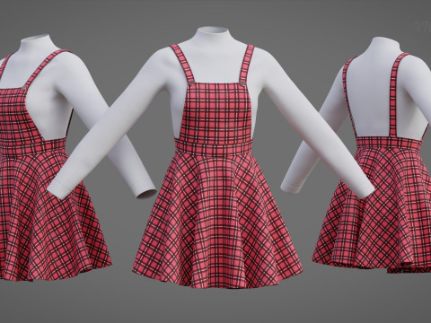 Check dungaree outfit - female pinafore dress and turtleneck sweater model 3D Model