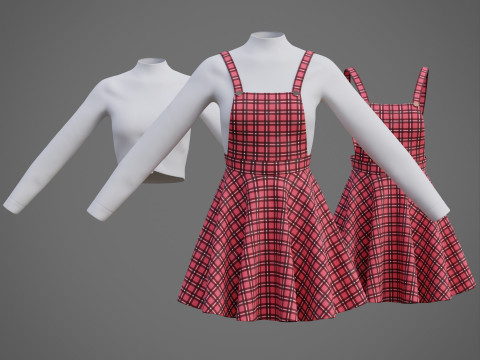 Check dungaree outfit - female pinafore dress and turtleneck sweater model 3D Model