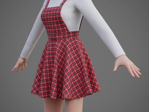 Check dungaree outfit - female pinafore dress and turtleneck sweater model 3D Model