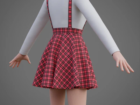 Check dungaree outfit - female pinafore dress and turtleneck sweater model 3D Model