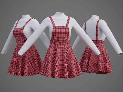 Check dungaree outfit - female pinafore dress and turtleneck sweater model 3D Model