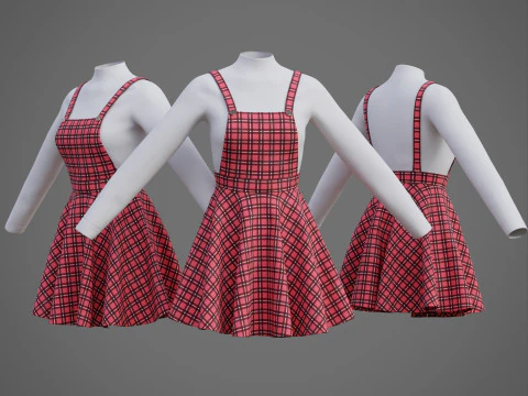 Check dungaree outfit - female pinafore dress and turtleneck sweater model 3D Model