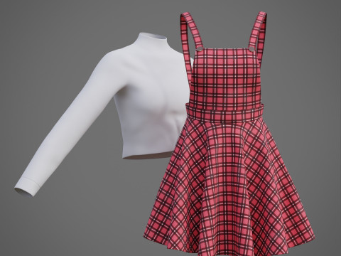 Check dungaree outfit - female pinafore dress and turtleneck sweater model 3D Model
