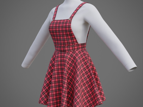 Check dungaree outfit - female pinafore dress and turtleneck sweater model 3D Model
