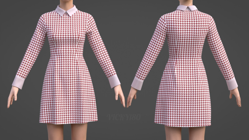 Womens Houndstooth Pattern Office Dress - 3D Clothing Model 3D Model .c4d .max .obj .3ds .fbx .stl .blend