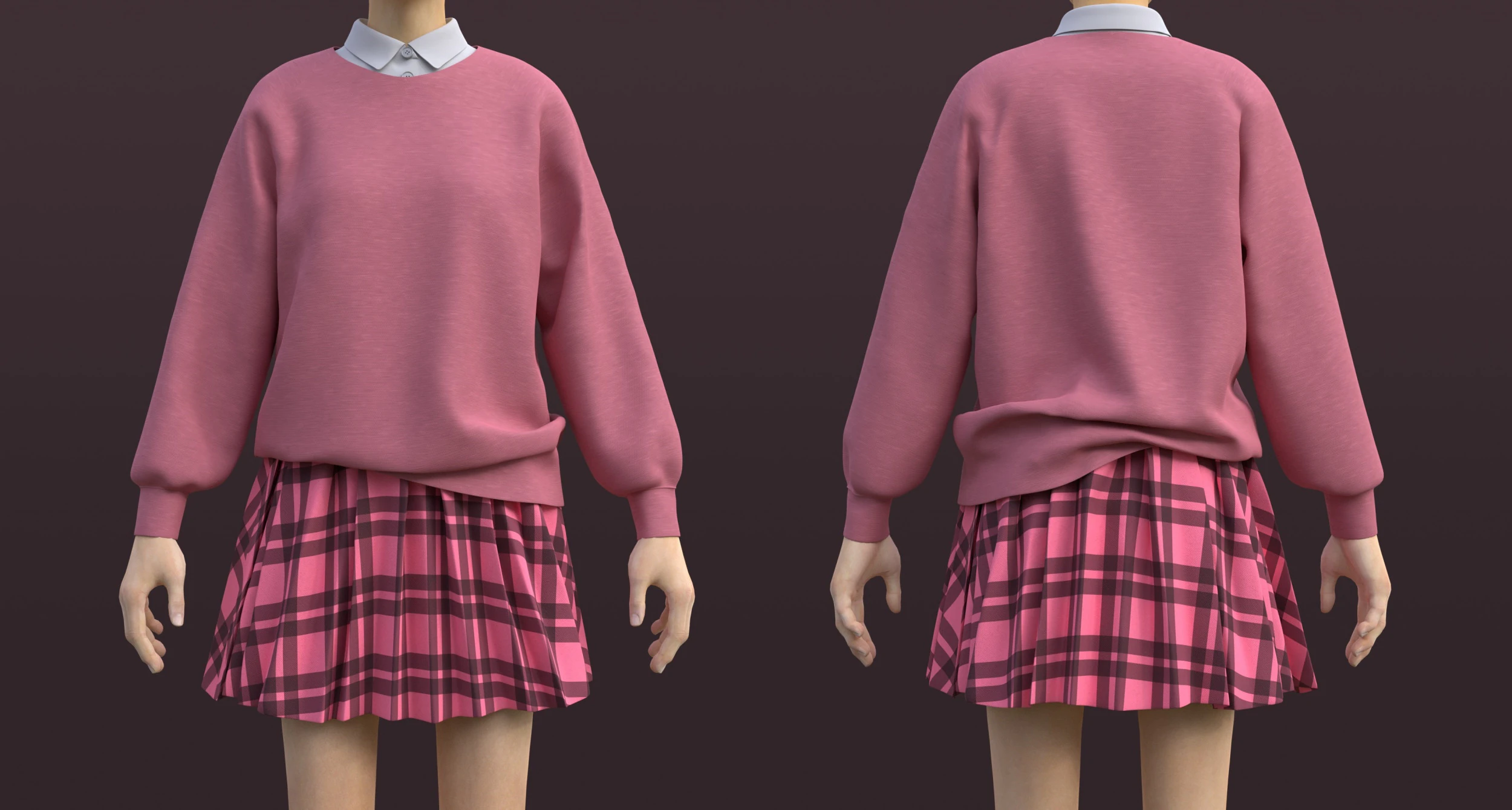 Pink Plaid School Uniform Pleated Mini Skirt Sweater Cardigan - 3D Model .c4d .max .obj .3ds .fbx .stl .blend 