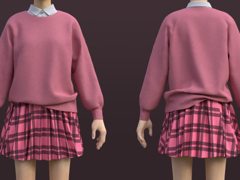 Uniforme scolaire &agrave; carreaux roses, mini-jupe pliss&eacute;e, pull, cardigan - Modèle 3D