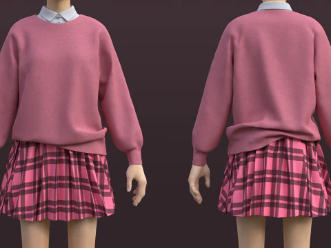 Cardigan maglione minigonna pieghettata uniforme scolastica scozzese rosa - Modello 3D