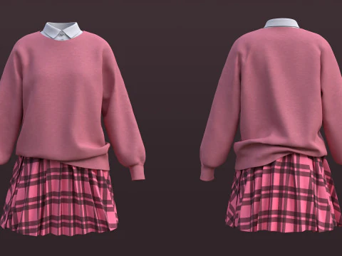 Pink Plaid School Uniform Pleated Mini Skirt Sweater Cardigan - 3D Model