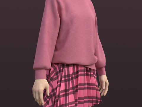 Pink Plaid School Uniform Pleated Mini Skirt Sweater Cardigan - 3D Model