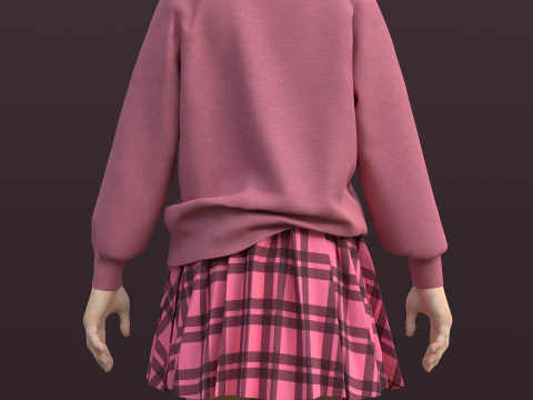 Pink Plaid School Uniform Pleated Mini Skirt Sweater Cardigan - 3D Model