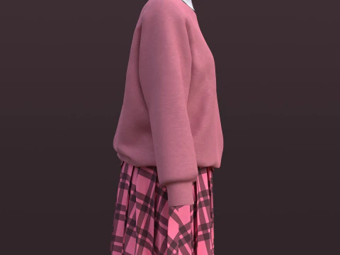 Pink Plaid School Uniform Pleated Mini Skirt Sweater Cardigan - 3D Model