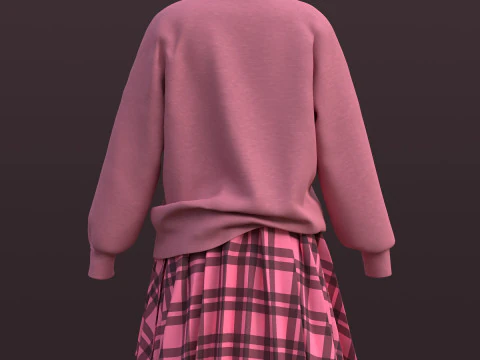 Pink Plaid School Uniform Pleated Mini Skirt Sweater Cardigan - 3D Model