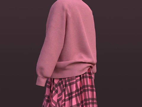 Pink Plaid School Uniform Pleated Mini Skirt Sweater Cardigan - 3D Model