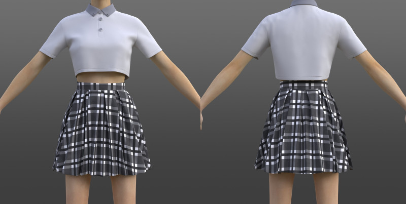 Plaid Pleated Mini Skirt Cropped Polo Shirt School Uniform - 3D Clothing Model 3D Model .c4d .max .obj .3ds .fbx .stl .blend