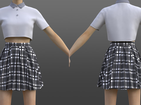 Mini-jupe pliss&eacute;e &agrave; carreaux Polo court Uniforme scolaire - Mod&egrave;le de v&ecirc;tements 3D Modèle 3D