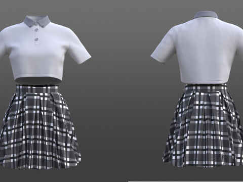 Plaid Pleated Mini Skirt Cropped Polo Shirt School Uniform - 3D Clothing Model 3D Model