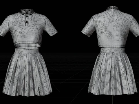 Plaid Pleated Mini Skirt Cropped Polo Shirt School Uniform - 3D Clothing Model 3D Model