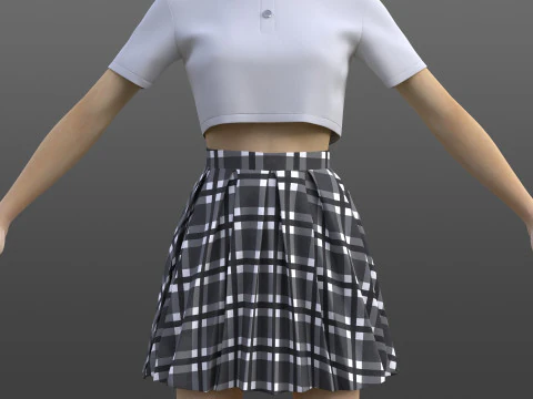 Plaid Pleated Mini Skirt Cropped Polo Shirt School Uniform - 3D Clothing Model 3D Model
