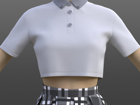 Plaid Pleated Mini Skirt Cropped Polo Shirt School Uniform - 3D Clothing Model 3D Model