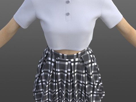 Plaid Pleated Mini Skirt Cropped Polo Shirt School Uniform - 3D Clothing Model 3D Model