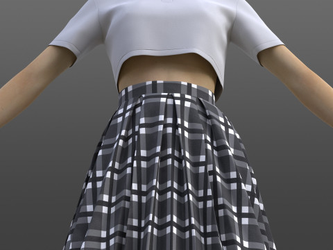 Plaid Pleated Mini Skirt Cropped Polo Shirt School Uniform - 3D Clothing Model 3D Model