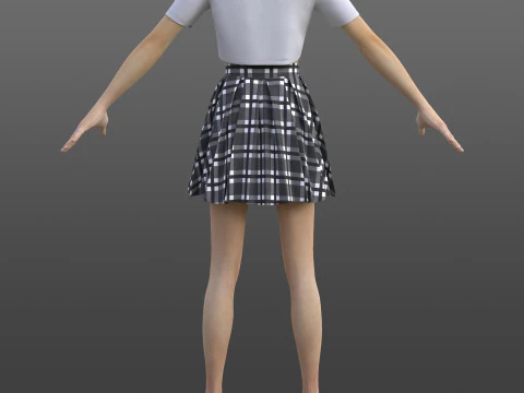 Plaid Pleated Mini Skirt Cropped Polo Shirt School Uniform - 3D Clothing Model 3D Model